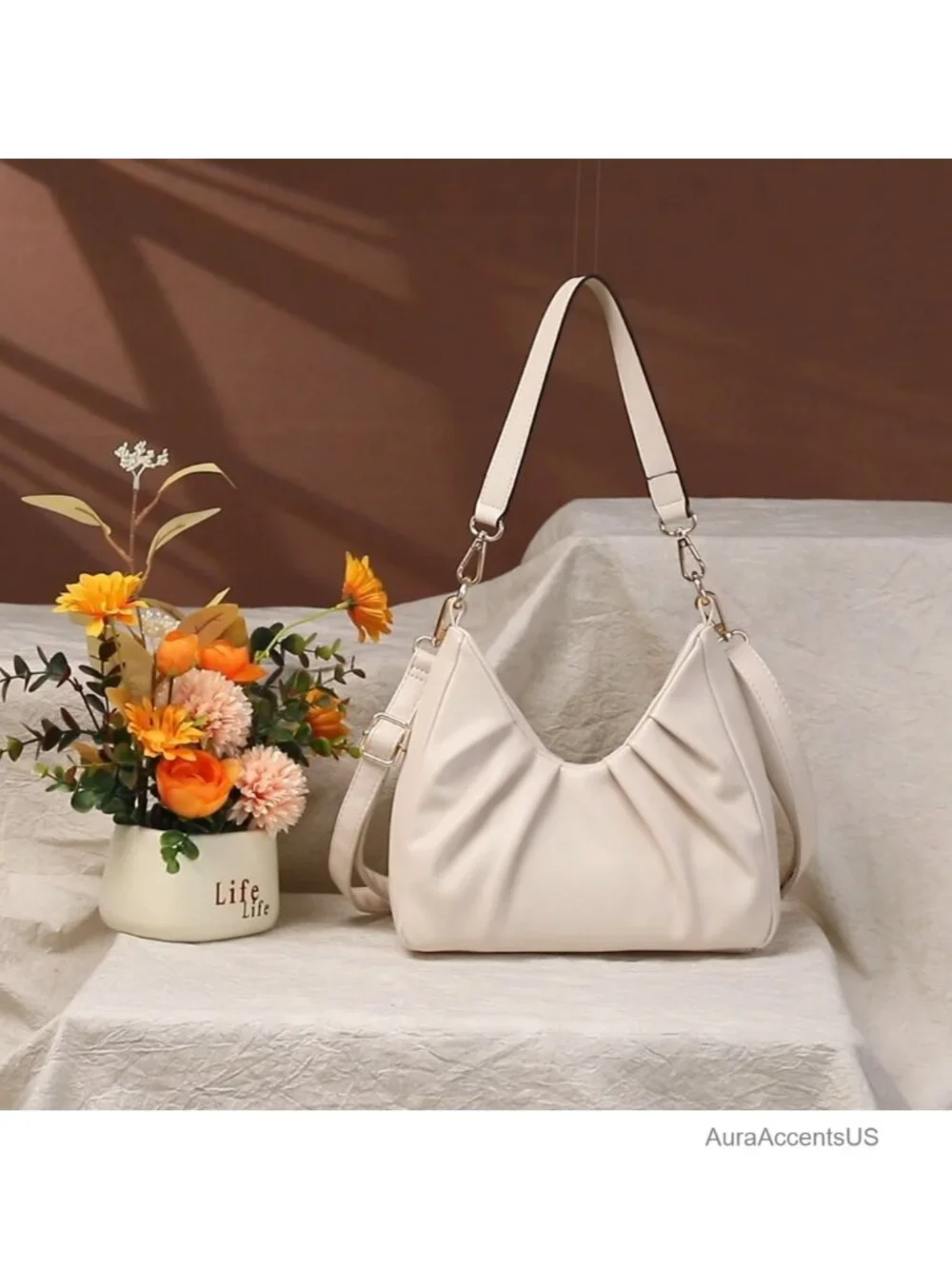 Vegan Leather Ruched Hobo Handbag with 2 Removable Straps
